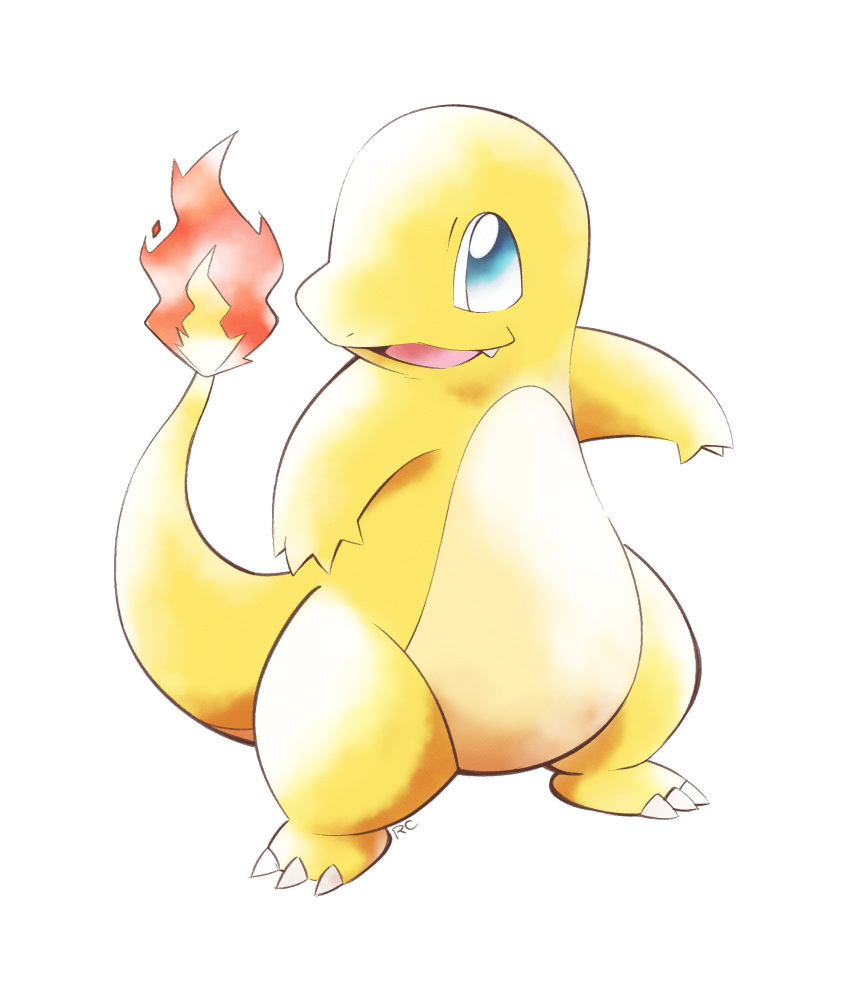 :d artsy-rc charmander commentary english_commentary fang fire full_body gen_1_pokemon highres looking_at_viewer no_humans open_mouth pokemon signature simple_background smile sugimori_ken_(style) white_background