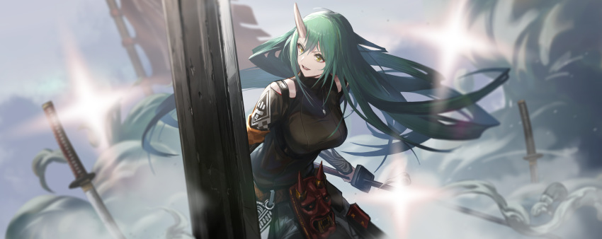 arknights cropped gh_(chen_ghh) green_hair horns hoshiguma_(arknights) long_hair sword weapon