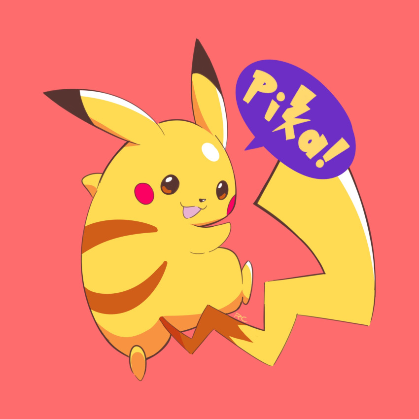 :3 :d artsy-rc catchphrase commentary english_commentary full_body gen_1_pokemon highres looking_at_viewer no_humans open_mouth pikachu pokemon pokemon_(creature) red_background signature simple_background smile solo