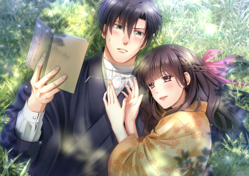 1boy 1girl black_hair black_kimono blush book bow braid brown_hair eyewear_removed grass grey_eyes hair_between_eyes hair_bow hetero highres izumi_(stardustalone) japanese_clothes kimono long_hair lying on_back on_side purple_eyes renri_no_chigiri_wo_kimi_to_shiru shosei sweatdrop wide_sleeves yellow_kimono