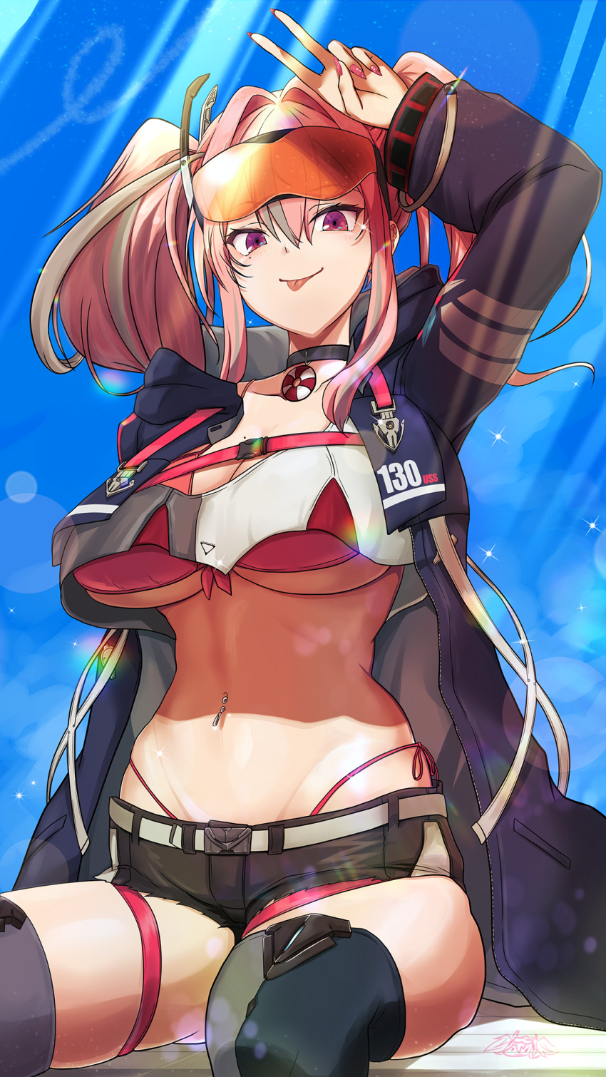 1girl :p arm_up azur_lane bangs belt bikini bikini_under_clothes black_choker black_shorts blue_background blue_jacket blue_legwear blush breasts bremerton_(azur_lane) choker cleavage commentary_request cowboy_shot crop_top crop_top_overhang cutoffs diffraction_spikes doodle ear_piercing eyebrows_visible_through_hair eyewear_on_head fingernails front-tie_bikini front-tie_top glint grey_belt grey_hair groin hair_between_eyes hair_intakes hair_ornament highleg highleg_bikini highres hood hood_down hooded_jacket huge_breasts jacket large_breasts lens_flare lifebuoy light_rays long_fingernails long_hair long_sleeves looking_at_viewer midriff mole mole_on_breast mole_under_eye multicolored_hair nail_art nail_polish navel navel_piercing number open_clothes open_jacket piercing pink_bikini pink_eyes pink_hair pink_nails red-tinted_eyewear ru-ne shadow sharp_fingernails shirt short_shorts shorts side-tie_bikini sidelocks sitting skindentation smile snap-fit_buckle solo sparkle streaked_hair sunbeam sunglasses sunlight swimsuit thigh_strap thighhighs tongue tongue_out twintails two-tone_hair two-tone_legwear two-tone_shirt underboob v