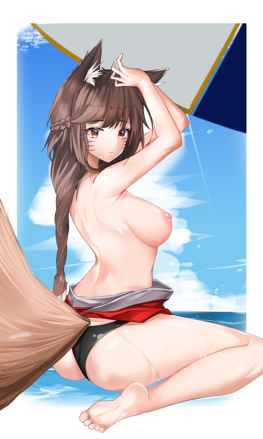 1girl absurdres ahri animal_ear_fluff animal_ears arms_up ass bangs barefoot bikini_bottom black_bikini_bottom blue_sky breasts brown_hair cloud day eyebrows_visible_through_hair fox_ears fox_tail highres large_breasts league_of_legends long_hair looking_at_viewer nevin_(flyskying) ocean orange_eyes sideboob sitting sky soles solo tail topless wariza whisker_markings