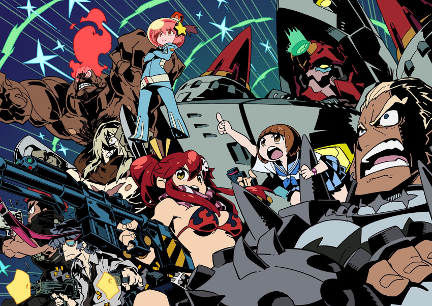 3girls 5boys anti-materiel_rifle arc_gurren-lagann bikini_top black_shirt blonde_hair blue_background blue_eyes blue_skirt brown_eyes brown_hair casing_ejection commentary_request creator_connection crossed_arms fiery_hair firing gamagoori_ira grin gun highres himukai_yuuji holding holding_gun holding_weapon kill_la_kill kinagase_tsumugu long_hair lordgenome luluco mac-10 mankanshoku_mako mikisugi_aikurou motion_lines multiple_boys multiple_girls muscle neckerchief open_mouth pleated_skirt pointing red_hair rifle ringed_eyes sailor_collar sailor_shirt scar school_uniform serafuku sharp_teeth shell_casing shirt short_hair short_sleeves skirt smile sniper_rifle spacesuit sparkle submachine_gun sunglasses teeth tengen_toppa_gurren_lagann uchuu_patrol_luluco viral weapon white_shirt yellow_eyes yoko_littner