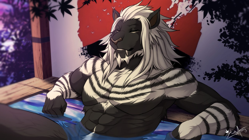 16:9 2020 abs anthro bath beard biceps black_body black_fur eyes_closed facial_hair fangs felid final_fantasy final_fantasy_xiv fur grin hair hazakyaracely hrothgar male mammal muscular muscular_male navel nude open_mouth pecs pubes quads relaxing sharp_teeth smile solo square_enix stripes sunset teeth triceps video_games water white_body white_fur white_hair widescreen