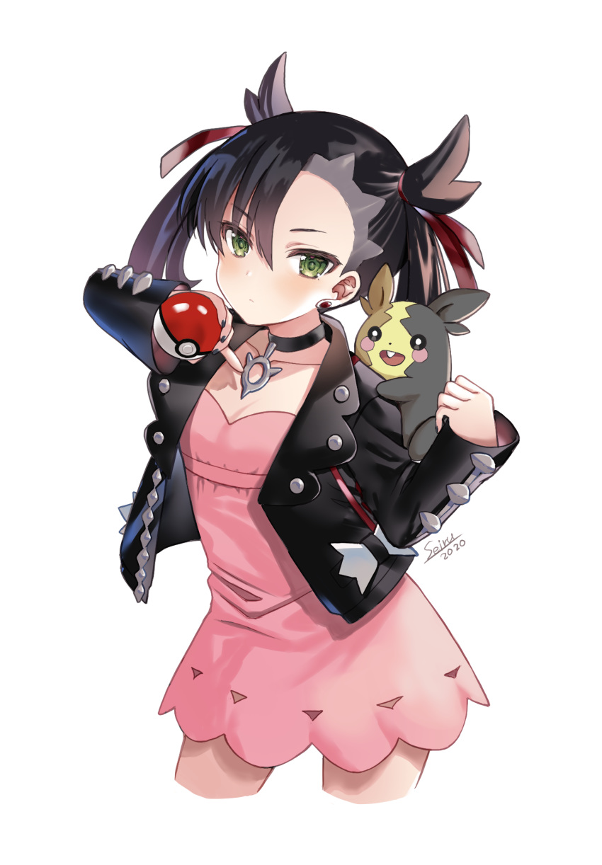 1girl asymmetrical_bangs asymmetrical_hair bangs black_choker black_hair black_jacket black_nails blush breasts choker closed_mouth collarbone commentary_request dress earrings gen_8_pokemon green_eyes hair_ribbon highres hijiri_ruka holding holding_poke_ball jacket jewelry long_hair long_sleeves looking_at_viewer mary_(pokemon) morpeko morpeko_(full) open_clothes open_jacket pink_dress poke_ball poke_ball_(generic) pokemon pokemon_(creature) pokemon_(game) pokemon_swsh red_ribbon ribbon simple_background small_breasts thighs twintails undercut white_background