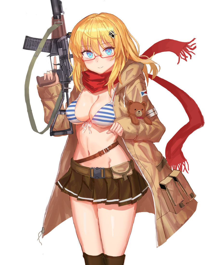 1girl as_val as_val_(girls_frontline) assault_rifle bangs belt bikini_top blonde_hair blue_eyes blush breasts brown_belt brown_coat brown_skirt cleavage coat eyebrows_visible_through_hair girls_frontline glasses gun hair_ornament highres holding holding_gun holding_weapon lithium10mg long_hair long_sleeves medium_breasts pleated_skirt pouch red-framed_eyewear red_scarf rifle scarf simple_background skirt smile solo striped striped_bikini_top stuffed_animal stuffed_toy teddy_bear weapon white_background