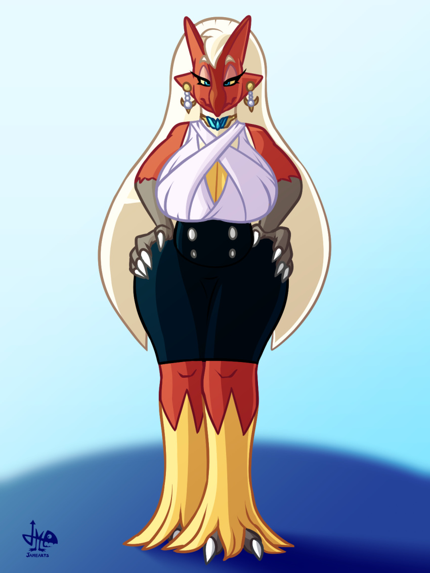 3:4 blaziken blue_eyes bottomwear breasts clothed clothing female front_view full-length_portrait hands_on_hips hi_res huge_hips jamearts looking_at_viewer nintendo pok&eacute;mon pok&eacute;mon_(species) portrait red_body small_waist solo talons topwear video_games wide_hips yellow_body