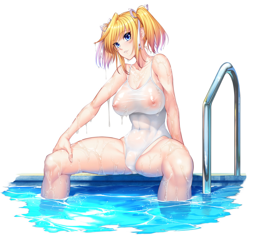 1girl blonde_hair blue_eyes breasts cleavage closed_mouth covered_nipples eyebrows eyebrows_visible_through_hair hair_between_eyes hair_ribbon highres large_breasts lilith-soft long_hair looking_at_viewer nipples one-piece_swimsuit pointy_ears pool ribbon see-through shinganji_kurenai shiny shiny_hair shiny_skin simple_background sitting smile solo spread_legs swimsuit taimanin_(series) taimanin_kurenai taimanin_rpgx twintails water wet white_swimsuit zol