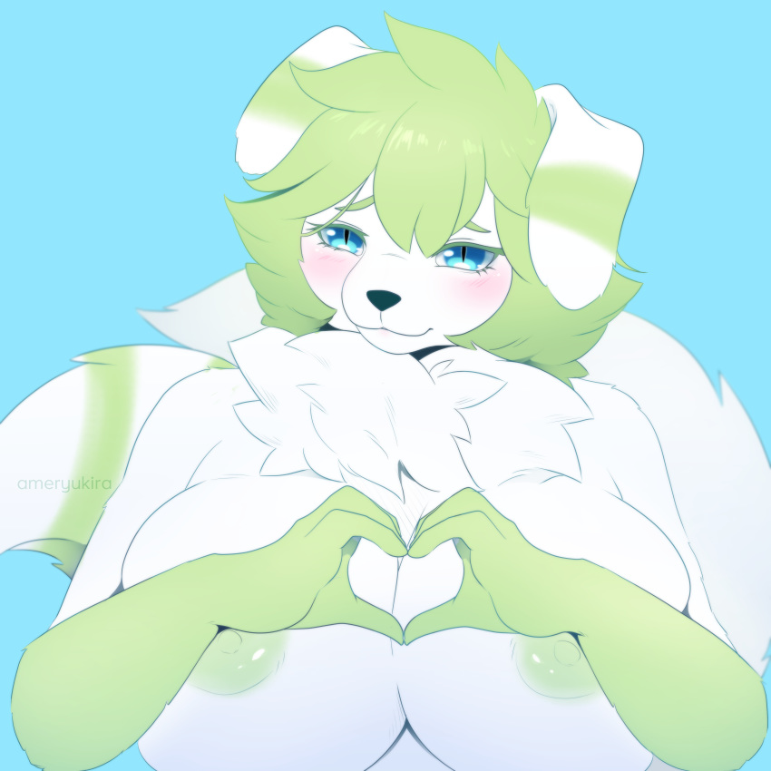 &lt;3 1:1 absurd_res ameryukira anthro big_breasts blue_background blue_eyes blush breast_squish breasts chest_tuft domestic_cat exposed_breasts felid feline felis female floppy_ears fluffy fur gesture green_hair hair hand_heart hebleh hi_res mammal meowstic neck_tuft nintendo nipple_outline nipples pok&eacute;mon pok&eacute;mon_(species) simple_background slit_pupils smile solo squish striped_ears striped_tail stripes tuft twintails_(disambiguation) video_games white_body white_fur