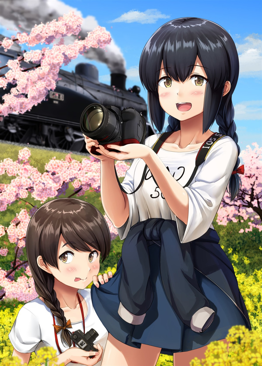 2girls :d alternate_costume black_hair blue_skirt blue_sky blush braid brown_eyes brown_hair camera cherry_blossoms clothes_writing cloud collarbone cowboy_shot day eyebrows_visible_through_hair flower ground_vehicle hair_between_eyes highres holding holding_camera ichikawa_feesu isonami_(kantai_collection) kantai_collection long_hair multiple_girls open_mouth shirt short_sleeves single_braid skirt sky smile smoke tongue tongue_out train twin_braids uranami_(kantai_collection) white_shirt yellow_flower