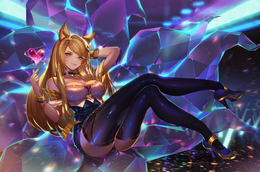 1girl ahri animal_ears arm_up bare_shoulders black_legwear blonde_hair bracelet breasts choker cleavage crossed_legs fingernails full_body hair_ornament heart high_heels highres jewelry k/da_(league_of_legends) k/da_ahri large_breasts league_of_legends leotard lips long_fingernails long_hair looking_at_viewer orange_sekaii sitting smile solo strapless strapless_leotard tail thighhighs whisker_markings yellow_eyes