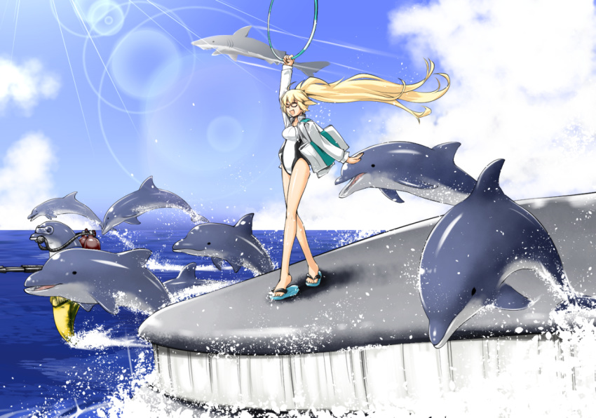 1girl black-framed_eyewear blue_sky braid commentary_request competition_swimsuit day dolphin fate/grand_order fate_(series) glasses highleg highleg_swimsuit hood hooded_jacket jacket jeanne_d'arc_(fate)_(all) jeanne_d'arc_(swimsuit_archer) long_braid long_hair long_sleeves one-piece_swimsuit outdoors single_braid sky standing swimsuit takuteks whale whistle whistle_around_neck white_jacket white_swimsuit