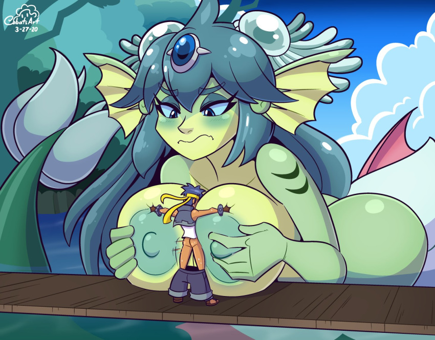 2020 accessory blush bolo_(shantae) breasts butt cloud cobat day duo female giga_mermaid hair hand_on_breast headband human interspecies larger_female long_hair macro male male/female mammal marine merfolk motion_lines nipples partially_submerged sex shantae_(series) signature size_difference smaller_male titfuck video_games water wayforward