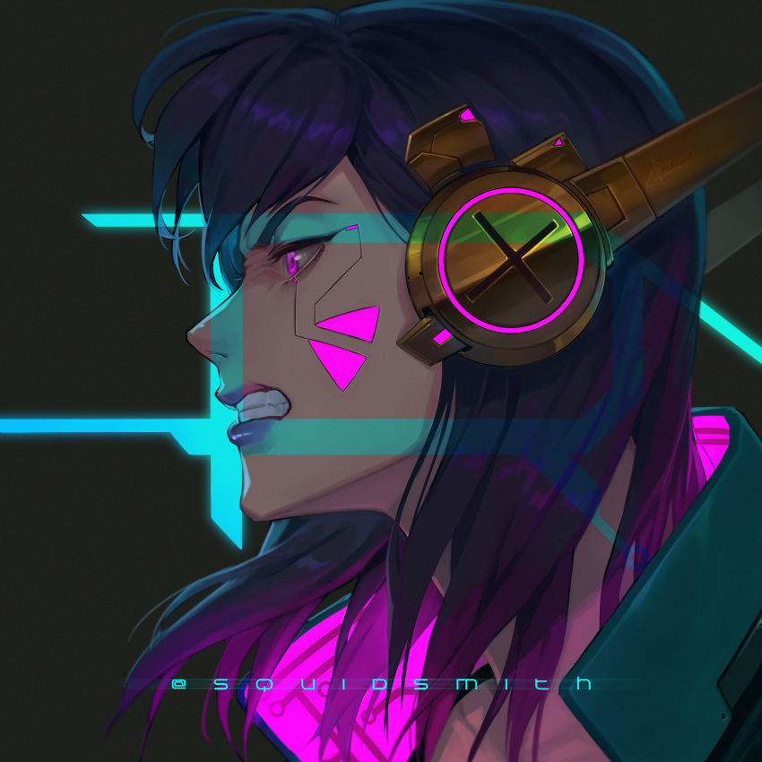 1girl angry artist_name black_background clenched_teeth cyberpunk_2077 cyborg d.va_(overwatch) furrowed_eyebrows glowing glowing_eyes highres lipstick looking_away makeup overwatch portrait profile purple_eyes purple_hair purple_lipstick robot_ears simple_background solo squidsmith teeth whisker_markings