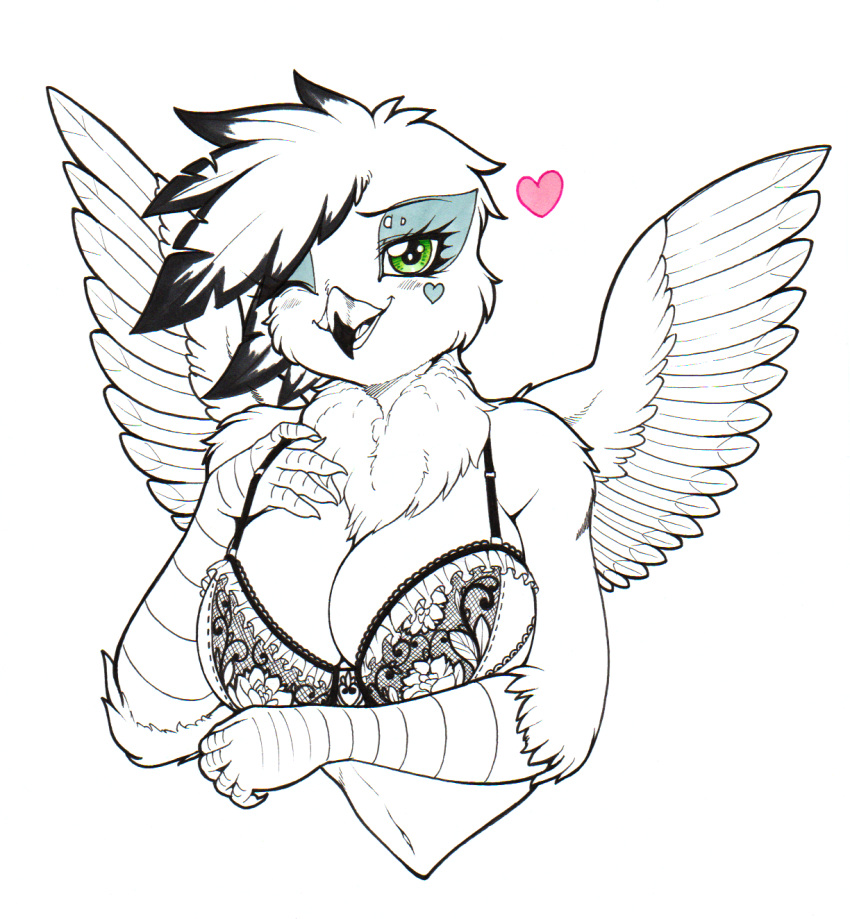 &lt;3 anthro avian big_breasts blush bra breasts chest_tuft cleavage clothed clothing dewlap_(anatomy) fan_character female frilly frilly_bra frilly_clothing frilly_underwear ginger_feathershy green_eyes gryphon hi_res lace lingerie longinius monochrome my_little_pony mythological_avian mythology navel neo_noir one_eye_closed partial_color restricted_palette simple_background solo spread_wings traditional_media_(artwork) tuft underwear white_background wings wink