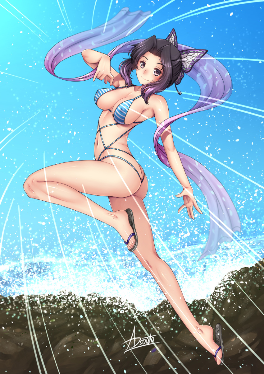 1girl adsouto alternate_costume bikini bikini_top black_hair blue_bikini blue_sky blush breasts brown_eyes butterfly_hair_ornament cleavage closed_mouth collarbone covered_nipples gradient_hair hair_intakes hair_ornament highres kimetsu_no_yaiba kochou_shinobu large_breasts leg_up looking_at_viewer multicolored_hair navel ocean purple_hair sash shiny shiny_hair shiny_skin short_hair_with_long_locks sideboob sidelocks sky smile solo striped_bikini_top swimsuit