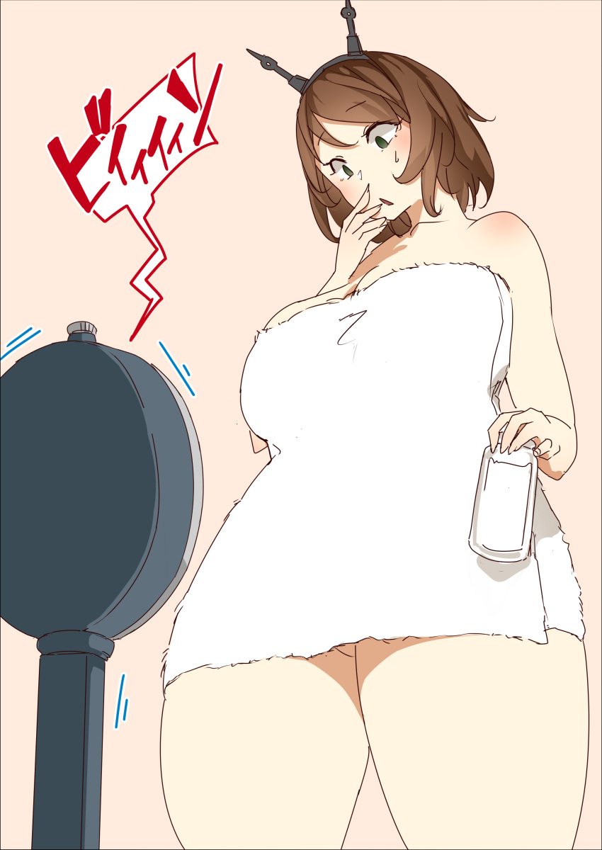 1girl absurdres blush bottle breasts brown_hair collarbone from_below green_eyes hand_to_own_mouth headgear highres holding holding_bottle kantai_collection large_breasts milk_bottle mutsu_(kantai_collection) naked_towel pink_background scales short_hair simple_background solo standing surprised towel uru_(uru0000) weight_conscious