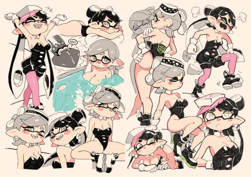 +_+ 2girls aori_(splatoon) ass bare_shoulders black_hair black_leotard cousins domino_mask earrings grey_hair hoop_earrings hotaru_(splatoon) jewelry leotard mask mole mole_under_eye multiple_girls pointy_ears splatoon_(series) strapless strapless_leotard tentacle_hair yuta_agc