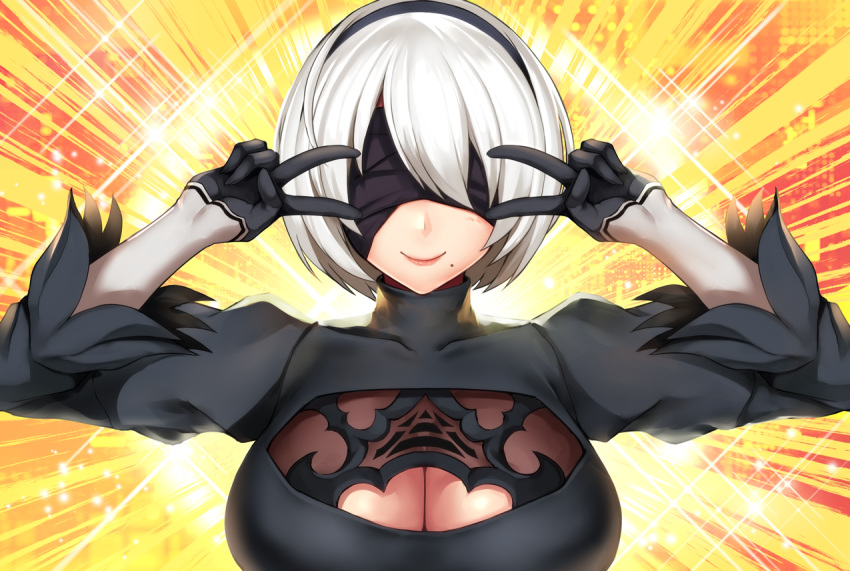 1girl backlighting bangs black_blindfold black_dress black_gloves black_hairband blindfold breasts cleavage cleavage_cutout closed_mouth covered_eyes double_v dress emotional_engine_-_full_drive fate/grand_order fate_(series) feather-trimmed_sleeves feather_trim gloves hairband hands_up juliet_sleeves large_breasts long_sleeves looking_at_viewer mole mole_under_mouth nier_(series) nier_automata orange_background parody puffy_sleeves short_hair silver_hair smile solo sparkle v yashichii yellow_background yorha_no._2_type_b