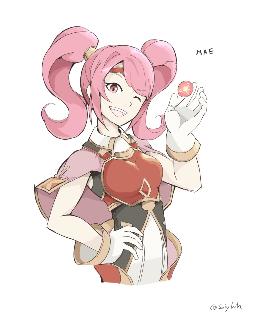 :d absurdres breastplate cape eyebrows_visible_through_hair fire_emblem fire_emblem_echoes:_shadows_of_valentia hairband hand_on_hip hand_up highres mae_(fire_emblem) one_eye_closed open_mouth pink_eyes pink_hair red_hairband saiykik smile twintails