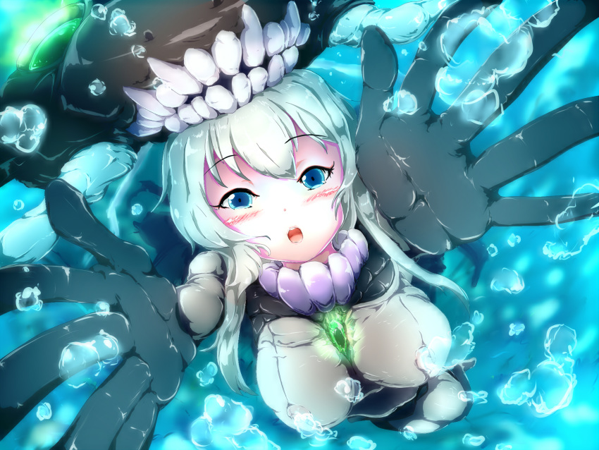 1girl air_bubble black_gloves blue_eyes blush bodysuit breasts bubble commentary_request foreshortening gloves headgear highres kantai_collection long_hair looking_at_viewer norun_(lunatichigh0) open_mouth reaching_out shinkaisei-kan silver_hair solo underwater wo-class_aircraft_carrier