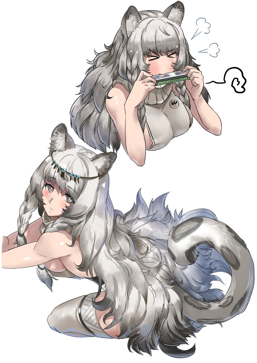 &gt;_&lt; 1girl absurdres animal_ears arknights black_hair blush braid breasts breath circlet eyebrows_visible_through_hair grey_legwear harmonica highres instrument large_breasts leopard_ears leopard_tail long_hair looking_at_viewer multicolored_hair multiple_views pramanix_(arknights) shizuoxing_kof side_braids sideboob silver_eyes silver_hair simple_background sitting solo squiggle tail thighhighs twin_braids two-tone_hair wavy_hair white_background