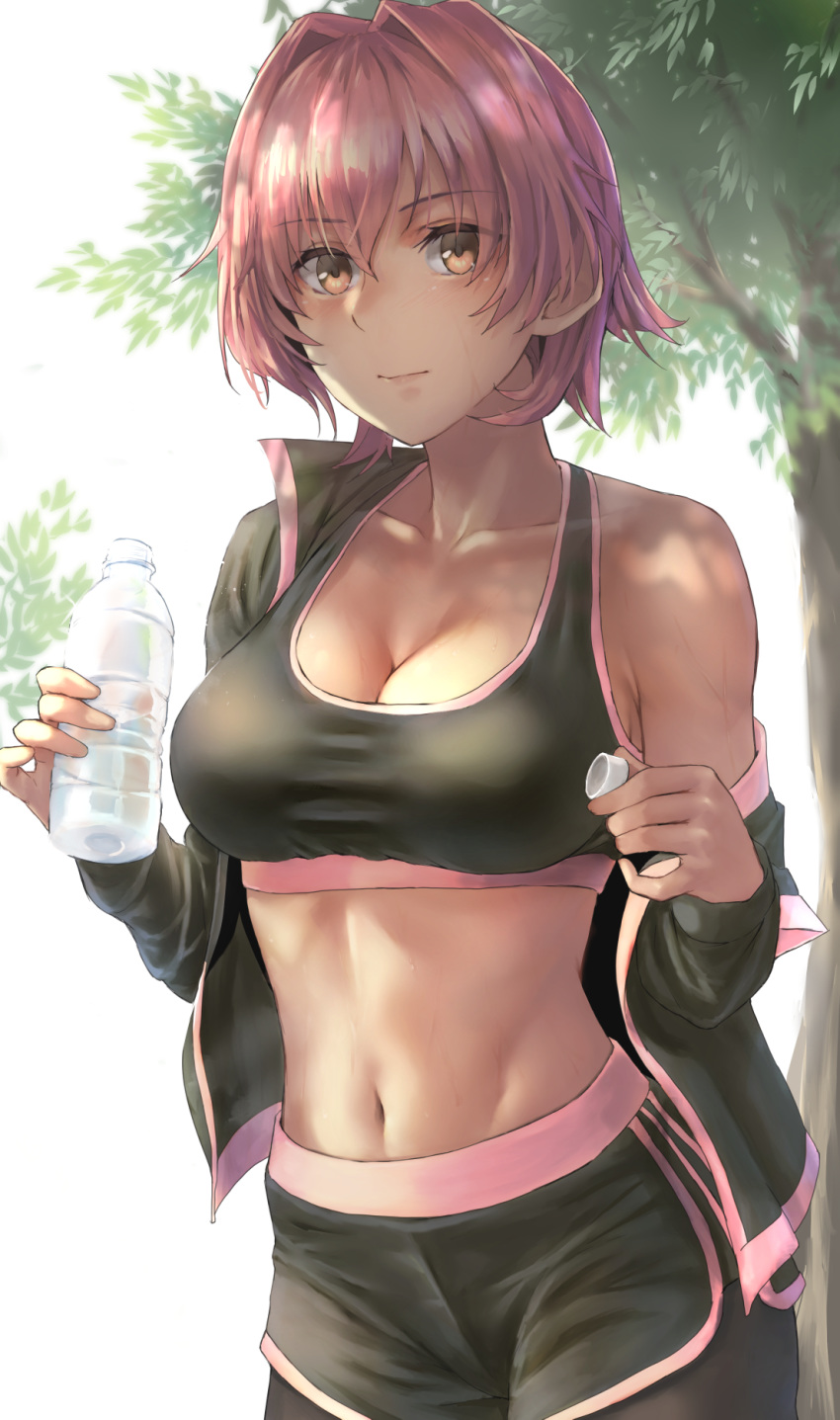 1girl bangs black_jacket black_legwear black_shorts bottle breasts brown_eyes cleavage closed_mouth collarbone commentary_request cowboy_shot dappled_sunlight eyebrows_visible_through_hair hair_intakes highres holding holding_bottle jacket kantai_collection kinu_(kantai_collection) kokuzoo large_breasts legwear_under_shorts looking_at_viewer navel off_shoulder open_clothes open_jacket pantyhose pink_hair short_hair shorts single_bare_shoulder smile solo sports_bra stomach sunlight toned track_jacket water_bottle