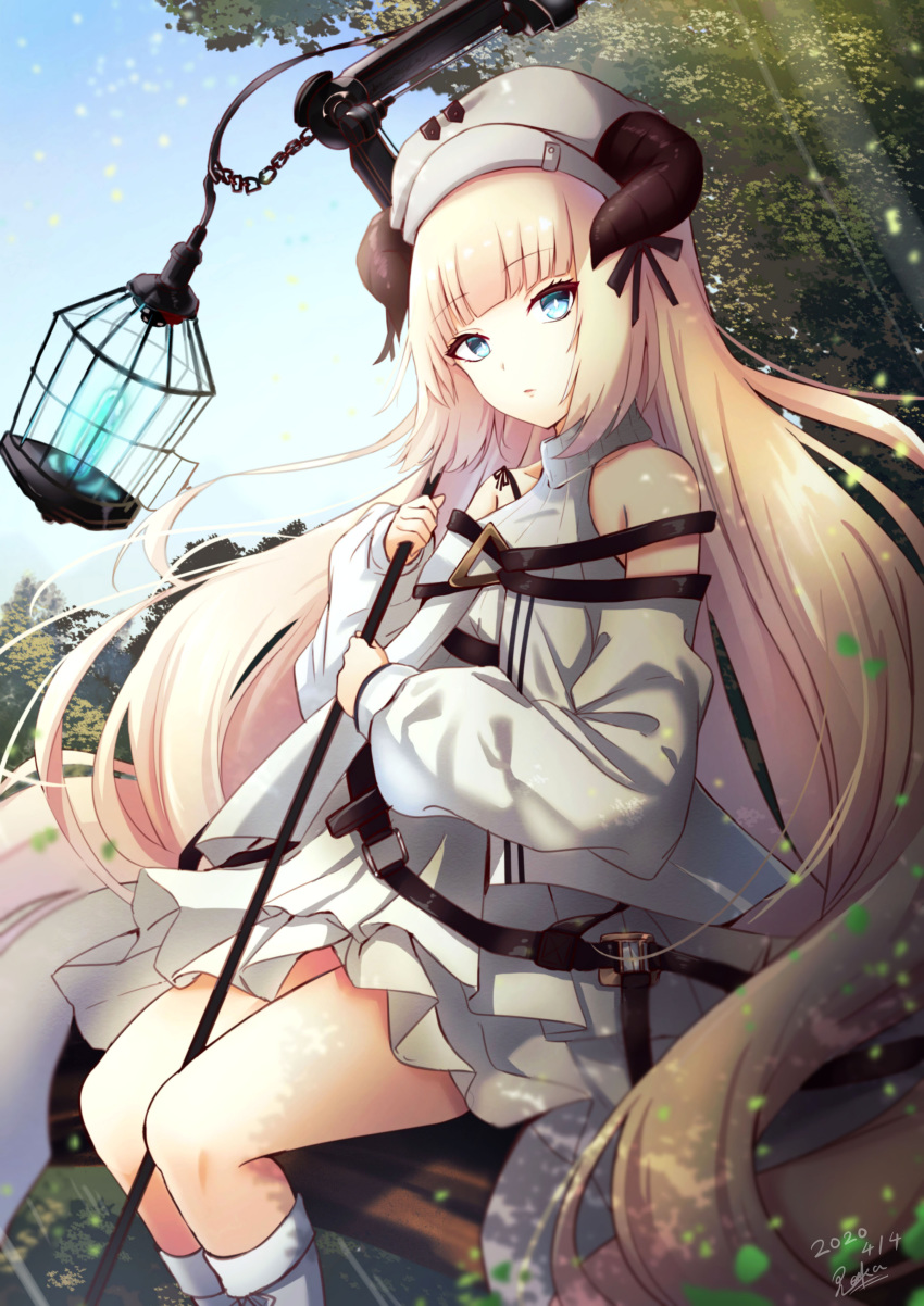 1girl absurdres arknights artist_name bangs bare_shoulders beret birdcage blonde_hair blue_eyes blue_sky cage commentary_request dated day dress eyebrows_visible_through_hair feet_out_of_frame hat head_tilt highres holding holding_staff horns long_hair long_sleeves nightingale_(arknights) outdoors partial_commentary pleated_dress renka_(cloudsaikou) short_dress signature sitting sky solo staff thighs very_long_hair white_dress white_headwear