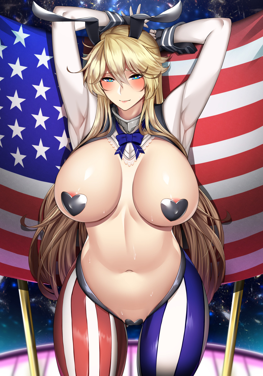1girl absurdres american_flag american_flag_legwear animal_ears areola_slip areolae arms_up asymmetrical_legwear bangs blonde_hair blue_eyes blush breasts bunny_ears closed_mouth eyebrows_visible_through_hair fake_animal_ears flag hair_between_eyes heart_pasties highres huge_breasts iowa_(kantai_collection) kantai_collection long_hair maebari meme_attire obei_teitoku pasties reverse_bunnysuit reverse_outfit star star-shaped_pupils striped striped_legwear sweat symbol-shaped_pupils wrist_cuffs yellow_pupils