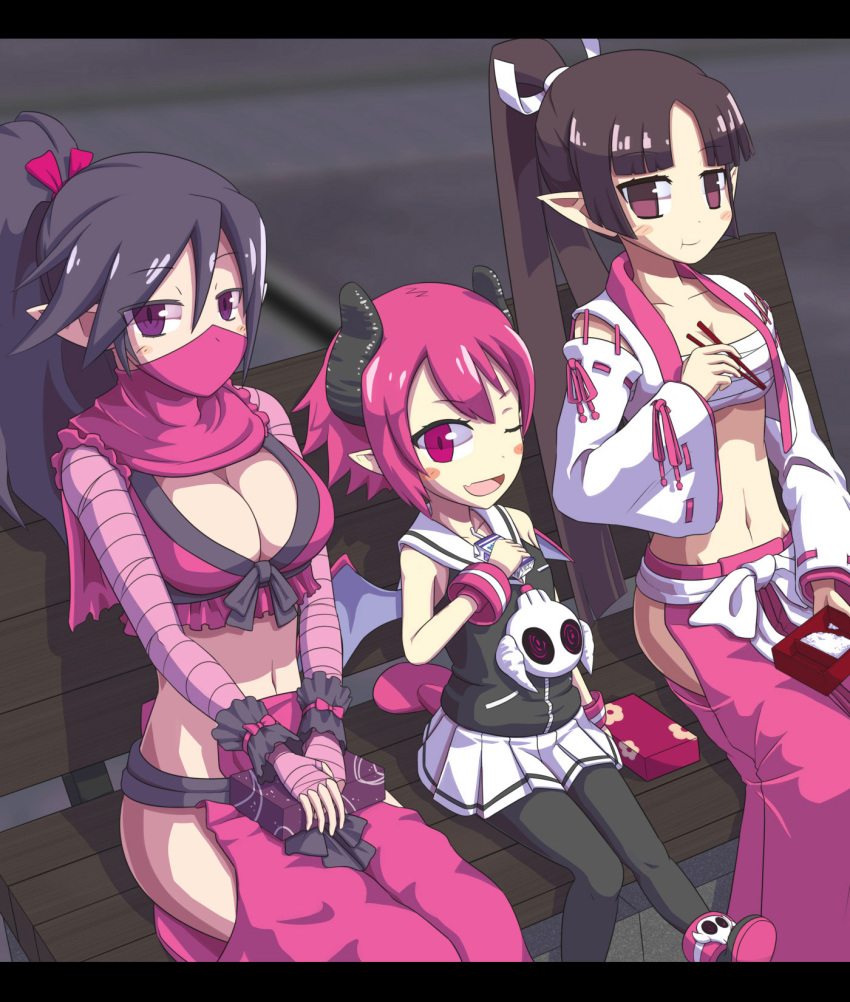 3girls asuka_cranekick bangs bench black_hair blush_stickers breasts check_commentary chopsticks cleavage collarbone commentary commentary_request demon_horns demon_tail demon_wings disgaea drinking_straw eating eyebrows_visible_through_hair flat_chest frilled_skirt frills halcyon_(halcyon90) highres horns juice_box kyoko_needleworker large_breasts long_hair looking_at_viewer lunch makai_senki_disgaea_3 mask medium_breasts mouth_mask multiple_girls ninja ninja_mask obentou one_eye_closed pants pantyhose pink_eyes pink_hair pink_pants pink_scarf pink_skirt pointy_ears ponytail purple_eyes raspberyl rice sarashi scarf shiny shiny_hair short_hair sidelocks sitting skirt tail white_skirt wings wristband