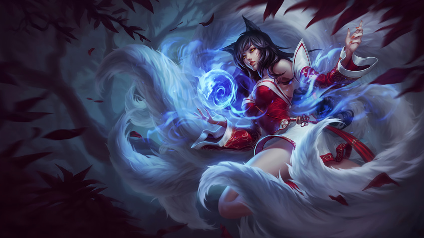 1girl ahri animal animal_ears black_hair breasts cleavage detached_sleeves energy_ball facial_mark fox_ears fox_girl fox_tail highres korean_clothes large_breasts league_of_legends lipstick long_hair makeup md5_mismatch multiple_tails nail_polish red_nails slit_pupils solo tail whisker_markings yellow_eyes yirui_liya