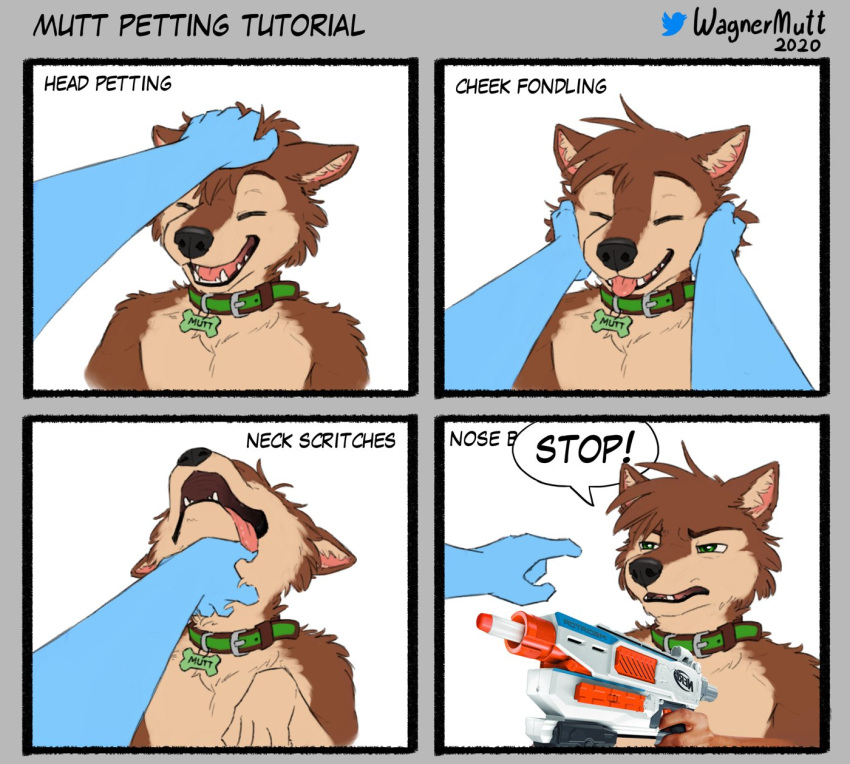 anthro canid canine canis collar comic disembodied_hand domestic_dog duo english_text hasbro head_pat hi_res humor male mammal mutt_(character) nerf_(toy) petting solo_focus text tongue tongue_out wagnermutt water_gun