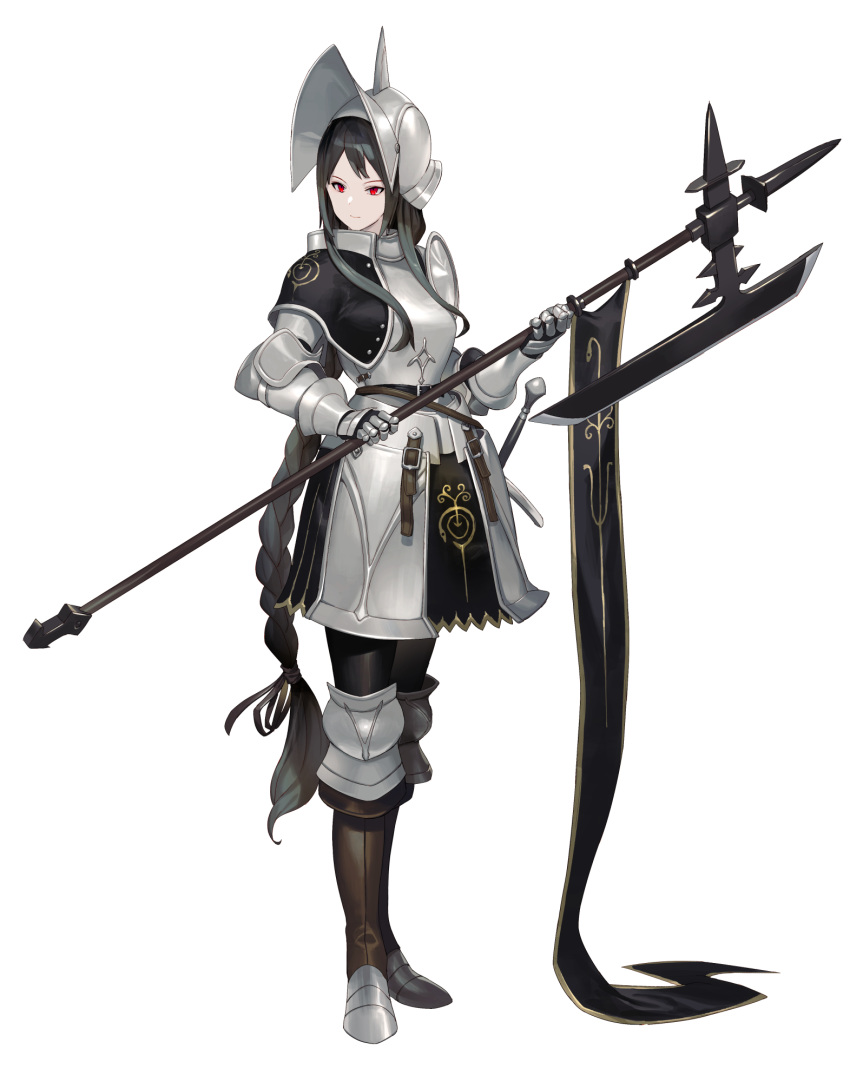 1girl armor banner black_hair boots braid commentary_request full_armor full_body gauntlets halberd helmet highres keemu_(occhoko-cho) long_hair low-tied_long_hair original polearm red_eyes simple_background solo standing very_long_hair weapon white_background