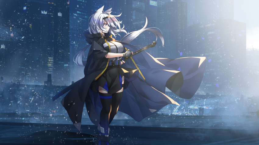 1girl absurdres animal_ears ashisi black_hairband blue_eyes building city cityscape fingerless_gloves gloves hairband highres holding holding_sword holding_weapon katana long_hair original scabbard scenery sheath sheathed silver_hair solo sword thighhighs very_wide_shot weapon
