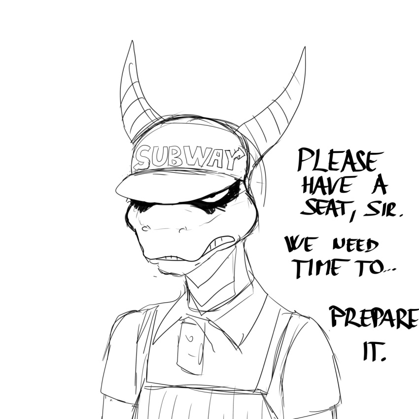 1:1 activision anthro clothing dragon english_text furgonomics hat headgear headwear hi_res hladilnik horn male meme menacing monochrome solo spyro_the_dragon subway_(restaurant) text video_games