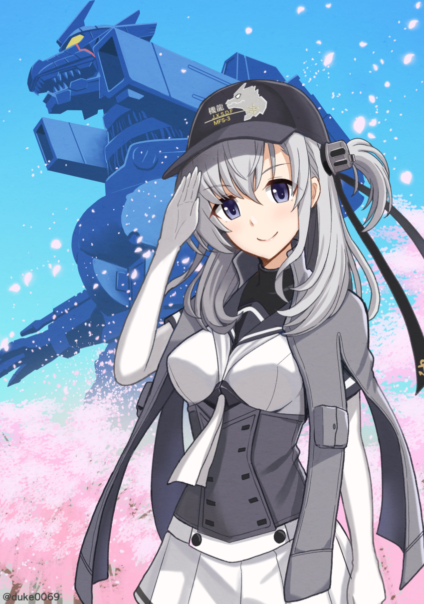 1girl anchor_symbol black_headband black_sailor_collar blue_sky bodysuit breasts cannon cape cherry_blossoms clothes_writing day duke_(kimurasun) glowing godzilla_(series) grey_cape grey_jacket hachimaki hair_ornament hat headband highres jacket kantai_collection long_hair looking_at_viewer mecha medium_breasts nib_pen_(medium) one_side_up outdoors propeller_hair_ornament sailor_collar salute silver_hair skirt sky suzutsuki_(kantai_collection) traditional_media tree turret twitter_username type-3_kiryuu white_bodysuit white_headband white_neckwear white_skirt