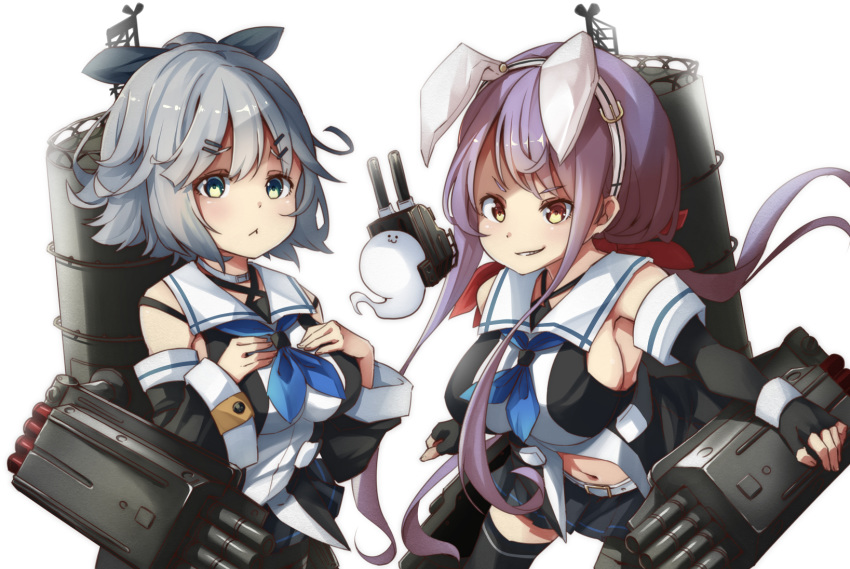 :&lt; :3 alternate_eye_color animal_ears belt black_gloves black_legwear black_serafuku blue_neckwear breasts bunny_ears cannon commentary cosplay detached_sleeves elbow_gloves expressionless fingerless_gloves gloves green_eyes hair_ornament hair_ribbon hairband hairclip hands_on_own_chest highres kantai_collection kawakaze_(kantai_collection) kawakaze_(kantai_collection)_(cosplay) konpaku_youmu konpaku_youmu_(ghost) large_breasts lavender_hair long_hair looking_at_viewer medium_breasts microskirt navel neckerchief pegashi pleated_skirt reisen_udongein_inaba ribbon rigging sailor_collar school_uniform serafuku short_hair sideboob sidelocks silver_hair simple_background skirt smirk thighhighs touhou upper_body very_long_hair white_background white_sailor_collar yamakaze_(kantai_collection) yamakaze_(kantai_collection)_(cosplay) yellow_eyes zettai_ryouiki