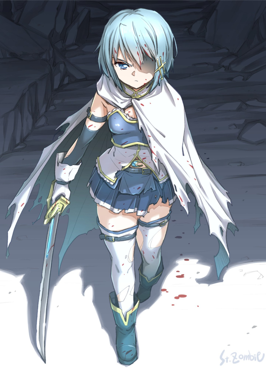 1girl artist_name belt blood blue_eyes blue_hair blue_sky boots breasts cape detached_sleeves glaring gloves highres magia_record:_mahou_shoujo_madoka_magica_gaiden mahou_shoujo_madoka_magica midriff_peek miki_sayaka rubble saber_(weapon) shaded_face short_hair sky small_breasts solo soul_gem studiozombie sword thighhighs torn_cape torn_clothes weapon white_cape white_gloves zettai_ryouiki