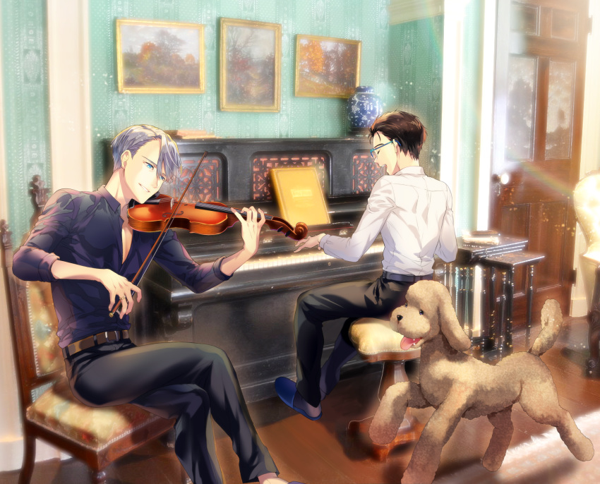 2boys belt black_hair blue-framed_eyewear blue_eyes carpet chair closed_eyes collared_shirt crossed_legs dog glasses hair_slicked_back highres instrument katsuki_yuuri kuroemon light_particles makkachin male_focus multiple_boys music open_mouth painting_(object) piano piano_bench playing_instrument shirt silver_hair sitting slippers smile vase viktor_nikiforov violin violin_bow yuri!!!_on_ice