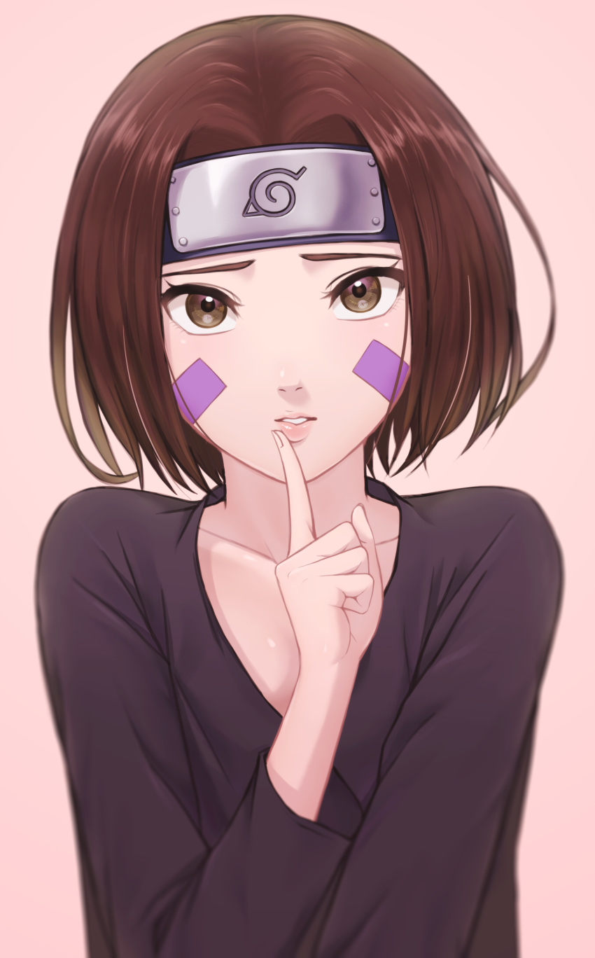 1girl absurdres bangs beige_background breasts brown_eyes brown_hair collarbone commentary_request forehead_protector highres lips looking_at_viewer lynn miru_(wvjc7832) naruto naruto_(series) nohara_rin parted_bangs parted_lips short_hair simple_background small_breasts solo teeth