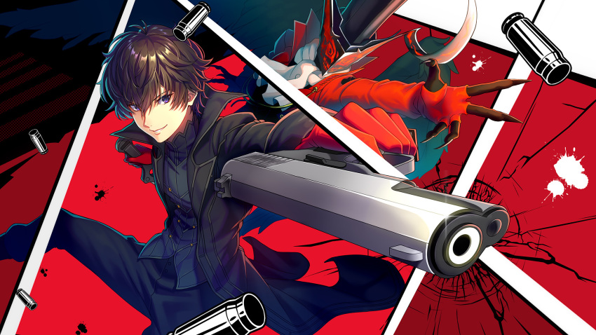 1boy amamiya_ren arsene_(persona_5) black_hair glasses gloves gun handgun hat highres jacket looking_at_viewer male_focus minamo25 persona persona_5 pistol red_gloves short_hair smile top_hat weapon wings