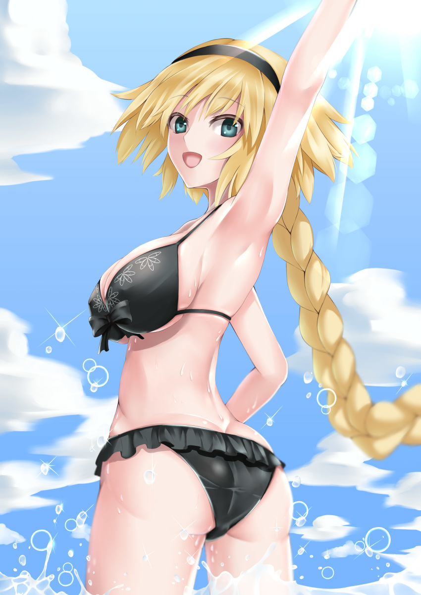 1girl :d absurdres arm_up armpits ass bag bikini black_bikini black_hairband blonde_hair blue_eyes blue_sky braided_ponytail breasts cloud covered_nipples cowboy_shot eyebrows_visible_through_hair fate/grand_order fate_(series) floating_hair frilled_bikini_bottom from_behind front-tie_bikini front-tie_top hair_between_eyes hairband highres jeanne_d'arc_(fate)_(all) jeanne_d'arc_(swimsuit_archer) kamehito large_breasts long_hair looking_at_viewer open_mouth sideboob sky smile solo standing swimsuit underboob very_long_hair