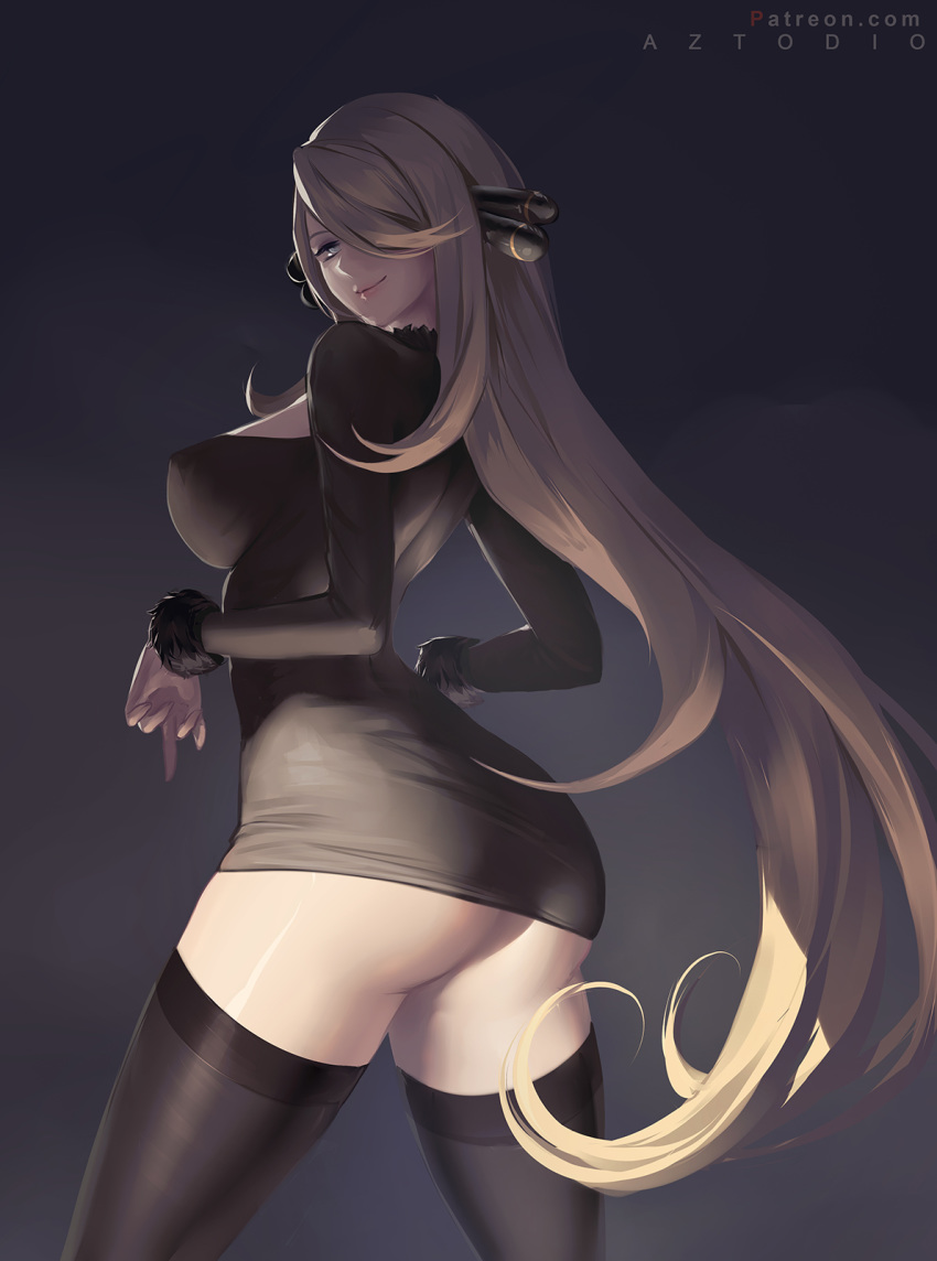1girl arched_back artist_name ass azto_dio black_dress black_legwear blonde_hair blue_eyes breasts cleavage_cutout closed_mouth dress from_side fur-trimmed_sleeves fur_trim hair_ornament hair_over_one_eye highres large_breasts long_hair long_sleeves looking_at_viewer looking_to_the_side no_panties pokemon pokemon_(game) pokemon_dppt shirona_(pokemon) short_dress smile solo straight_hair thighhighs very_long_hair watermark web_address