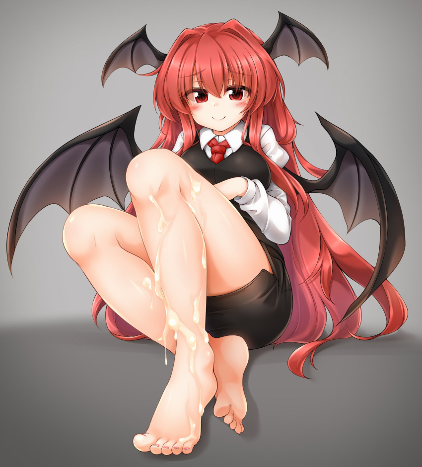 1girl bangs bare_legs barefoot black_skirt black_vest blush breasts commentary_request cum cum_on_body cum_on_lower_body demon_wings eyebrows_visible_through_hair grey_background hair_between_eyes hair_intakes head_wings highres juliet_sleeves knees_up koakuma large_breasts long_hair long_sleeves looking_at_viewer m9kndi miniskirt pencil_skirt puffy_sleeves red_eyes red_hair shadow shirt sitting skirt smile solo thighs touhou very_long_hair vest white_shirt wings