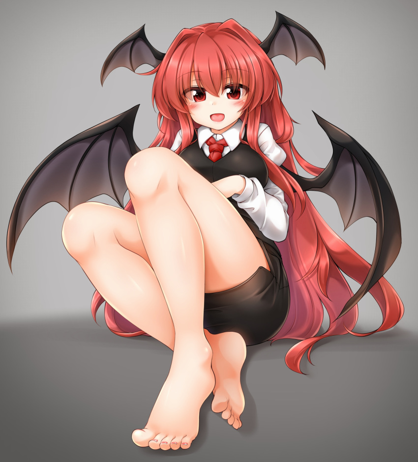 1girl :d bangs bare_legs barefoot black_skirt black_vest blush breasts commentary_request cum cum_on_body cum_on_lower_body demon_wings eyebrows_visible_through_hair grey_background hair_between_eyes hair_intakes head_wings highres juliet_sleeves knees_up koakuma large_breasts long_hair long_sleeves looking_at_viewer m9kndi miniskirt open_mouth pencil_skirt puffy_sleeves red_eyes red_hair shadow shirt sitting skirt smile solo thighs touhou very_long_hair vest white_shirt wings