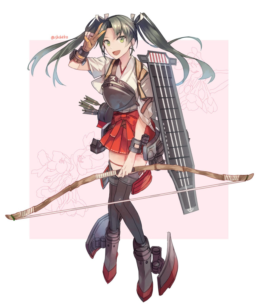 1girl arrow boots bow_(weapon) commentary_request dark_green_hair flight_deck floral_background full_body gloves green_eyes grey_legwear hair_ribbon hakama_skirt highres kantai_collection kasumi_(skchkko) long_hair looking_at_viewer muneate partly_fingerless_gloves pink_background quiver ribbon single_glove solo standing tasuki thigh_boots thighhighs twintails twitter_username two-tone_background weapon white_background white_ribbon yugake zuikaku_(kantai_collection)