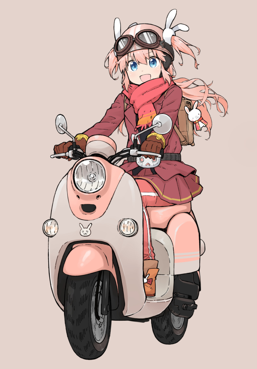1girl artist_request backpack bag belt blue_eyes boots brown_background brown_gloves bunny_hair_ornament bunny_keychain commentary_request gloves goggles goggles_on_headwear ground_vehicle hair_ornament helmet highres jacket long_hair miniskirt motor_vehicle motorcycle_helmet nonomiya_lalafin open_mouth pants pants_under_skirt pink_hair pleated_skirt red_jacket red_skirt rider_belt scarf school_uniform scooter shoujo_kageki_revue_starlight shoujo_kageki_revue_starlight_-re_live- skirt solo track_pants yamaha_vino