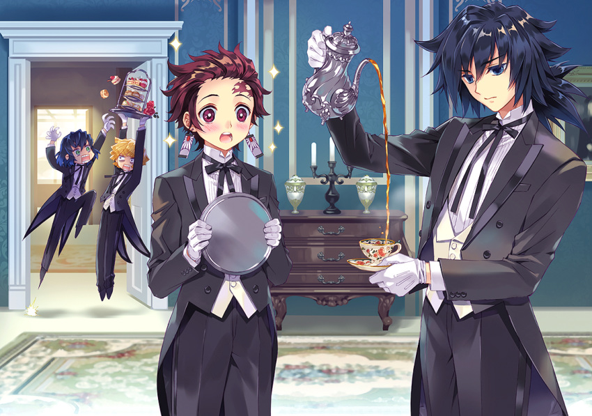 4boys agatsuma_zenitsu bangs black_coat black_pants blonde_hair blue_eyes blush butler candle carnelian carpet coat commentary_request cup cupboard dark_blue_hair door earrings eyebrows_visible_through_hair flower gloves green_eyes hair_between_eyes hashibira_inosuke holding holding_cup holding_plate holding_teapot indoors jewelry jumping kamado_tanjirou kimetsu_no_yaiba medium_hair multiple_boys neck_ribbon open_mouth outstretched_arms painting pants plate pointy_hair pouring red_eyes red_hair ribbon rose scone shirt short_hair sparkle tailcoat tomioka_giyuu vase wall white_gloves white_shirt