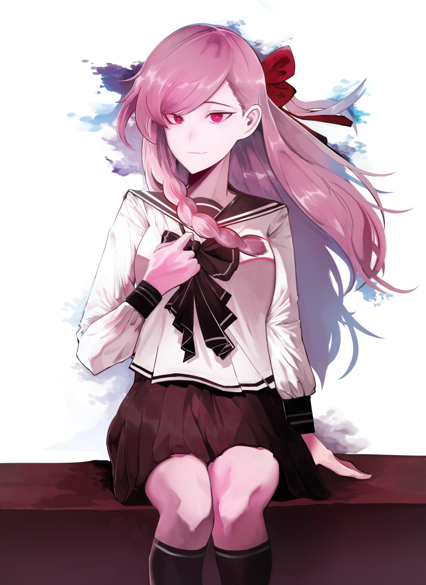 1girl absurdres black_skirt bow cizzi girls_frontline hair_bow hair_ornament hair_ribbon highres long_hair looking_at_viewer necktie negev_(girls_frontline) pink_hair red_eyes ribbon school_uniform shirt simple_background sitting skirt solo white_shirt