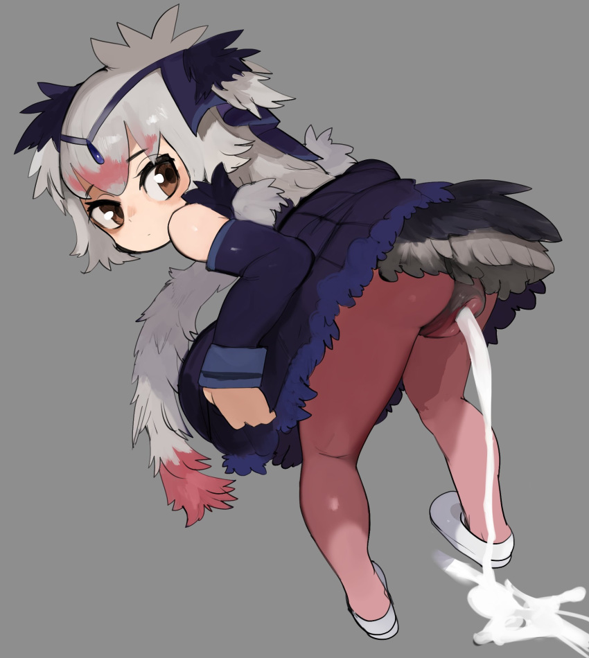 animal_genitalia animal_humanoid avian avian_humanoid bird bird_humanoid bird_poop bodily_fluids cloaca clothed clothing colored_feces common_ostrich_(kemono_friends) digital_media_(artwork) feathers feces female genital_fluids genitals hi_res humanoid kemono_friends liteu pooping scat simple_background solo tail_feathers unusual_feces white_feces